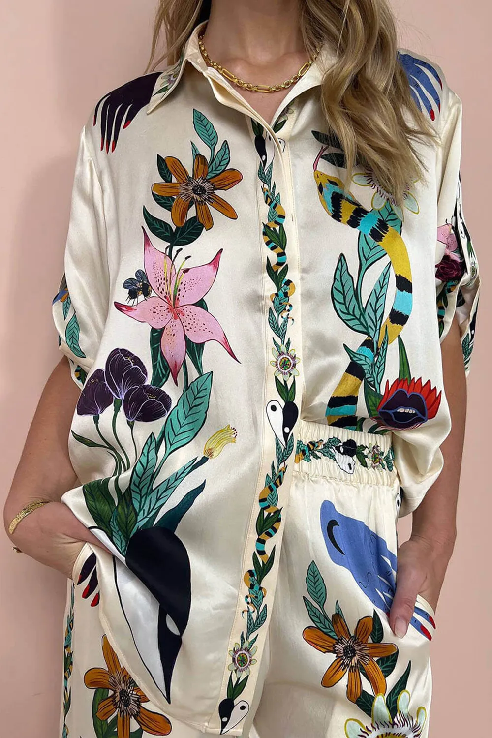 Modern sophistication oversized button-down shirt in satin with unique print