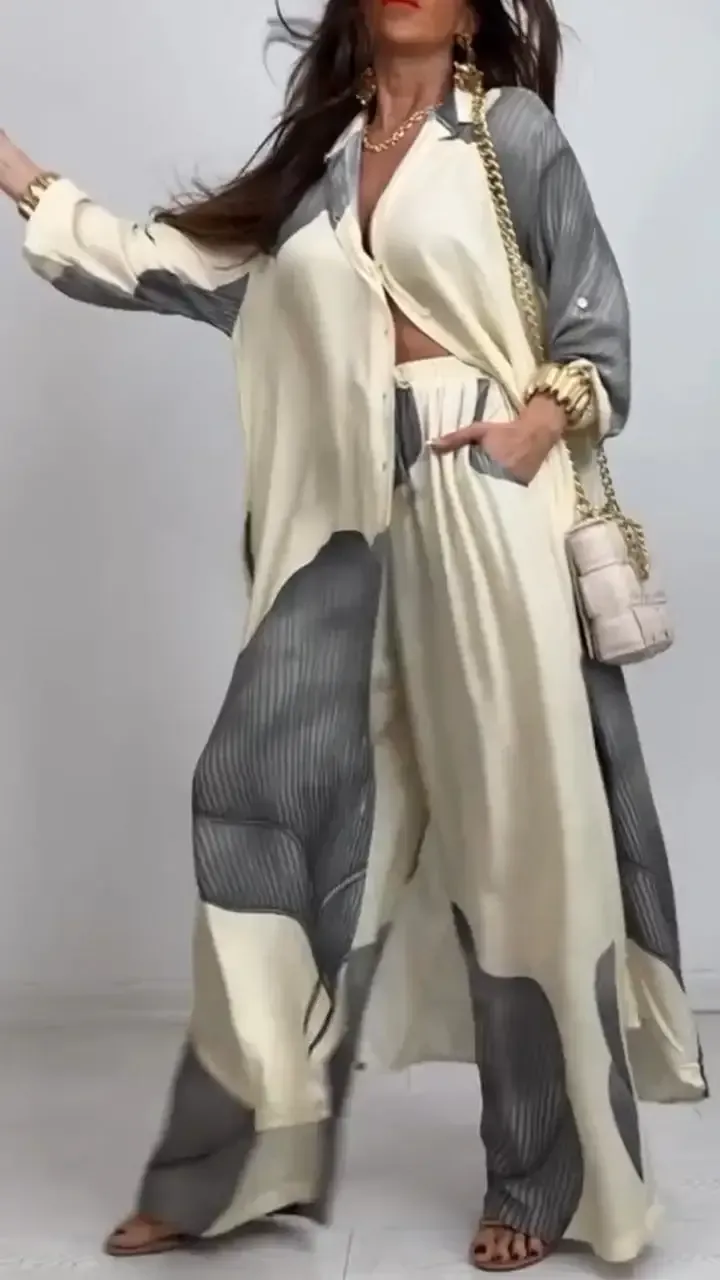 Women's V-neck Patchwork Printed Top and Pants Commuting Casual Suit