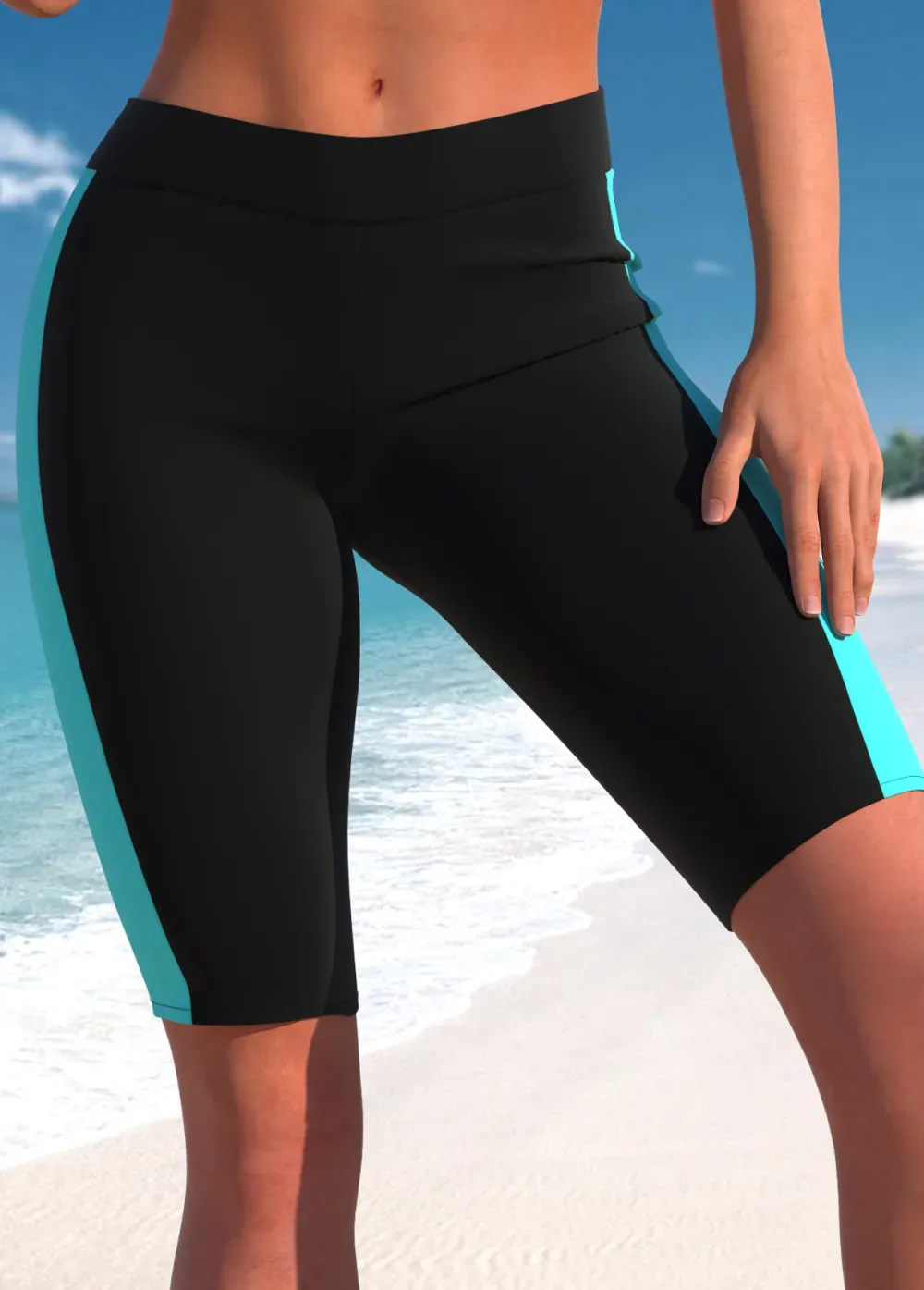 Zipper Tropical Plants Print Cyan Tankini Top