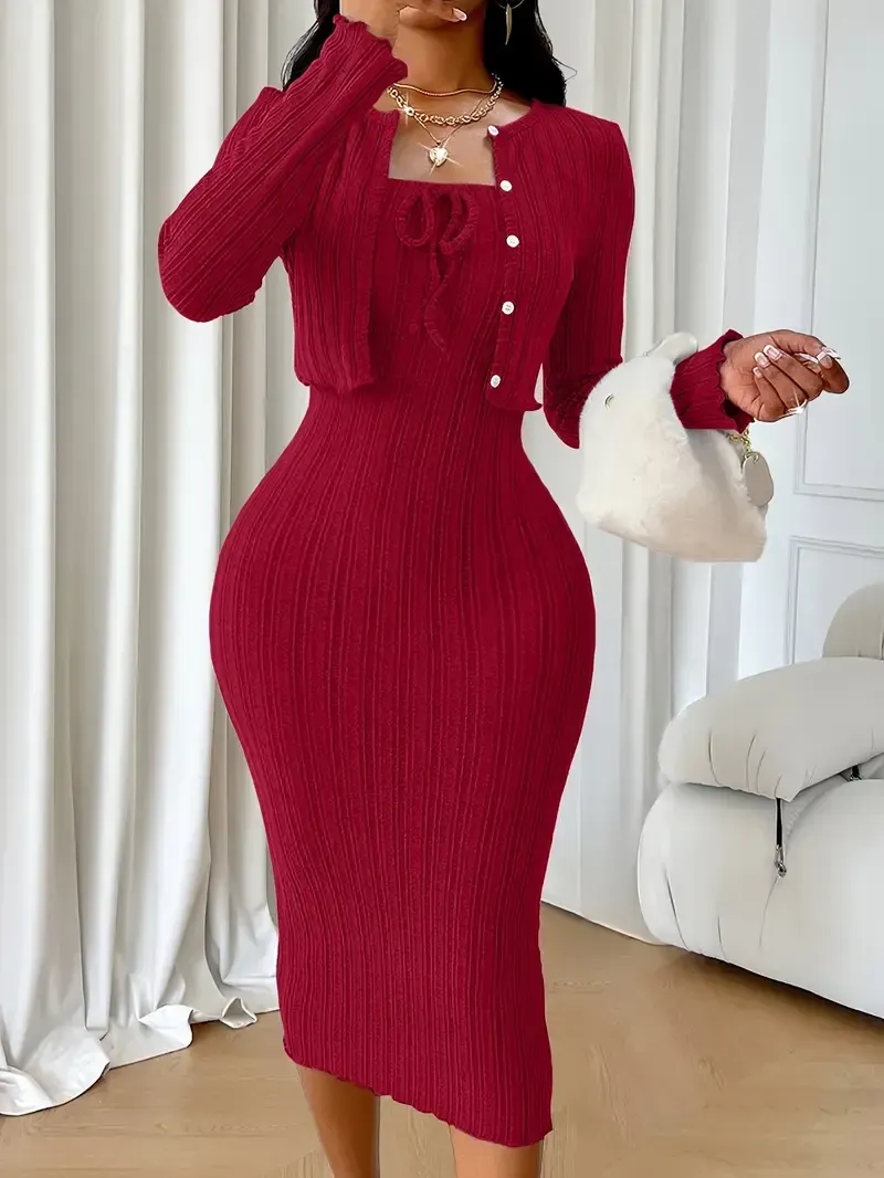 Elegant Women's Two-Piece Set: Chic Solid Color Bow Tie Dress & Short Coat