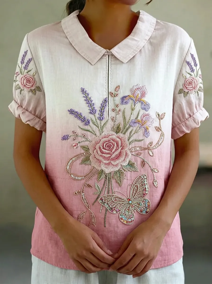 Women's Nashville Floral Butterfly Embroidered Printed Top