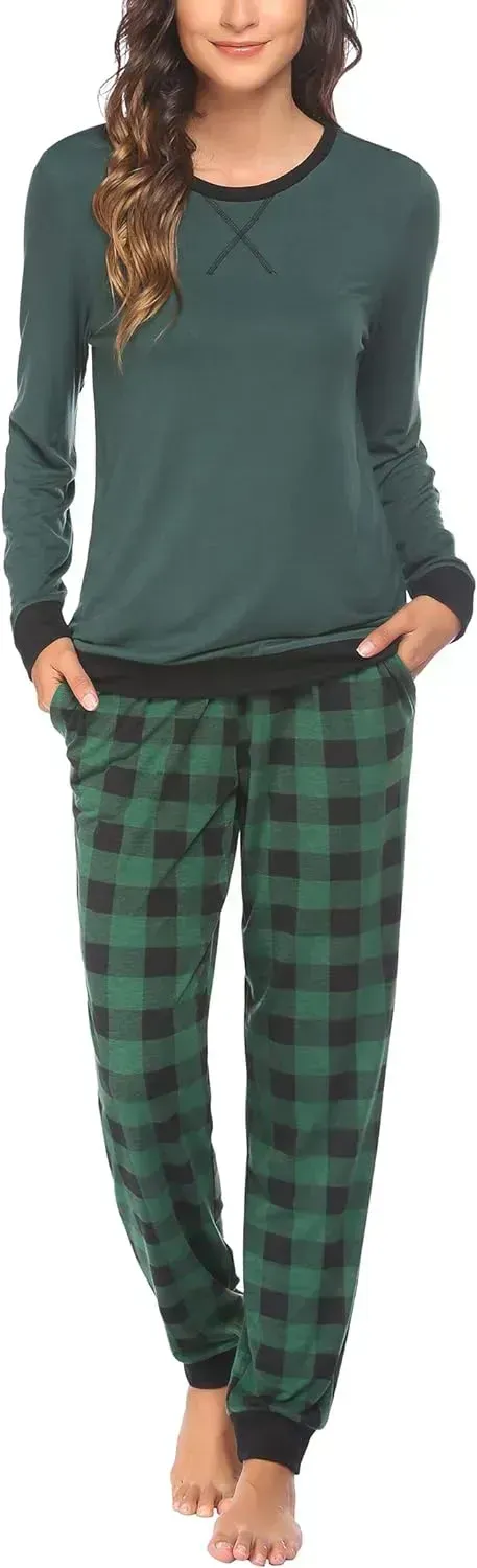 Women's Pajamas Sets Long Sleeve with Plaid Pants Soft Sleepwear O Neck 2 Piece Pjs Joggers Loung Set with Pockets