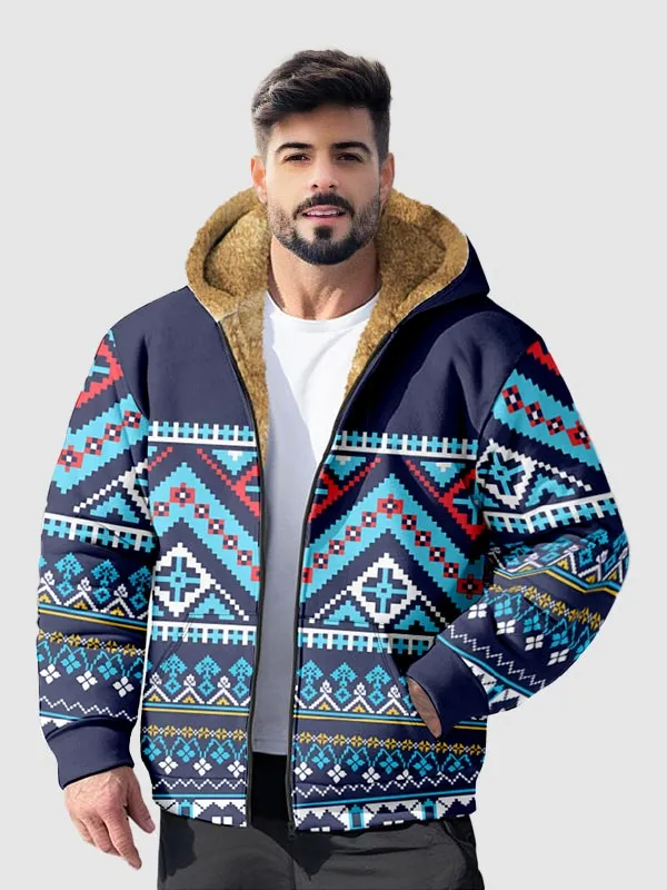 Men's Aztec Fleece Full Zip Printed Hoodie Jacket
