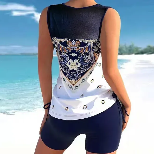 Women's Swimwear Tankini 2 Piece Plus Size Swimsuit Printing Floral Black White Yellow Pink Sky Blue Tank Top Bathing Suits Sports Summer