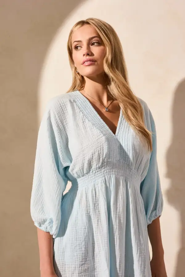 Smocked Puff Sleeve Dress-Water