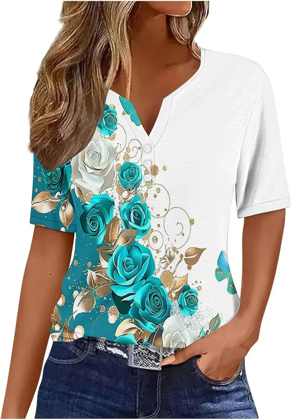 Shirts for Women Casual Printed Summer Tops Short-Sleeved Button V-Neck Tops Blouse Fashion Boho T-Shirts