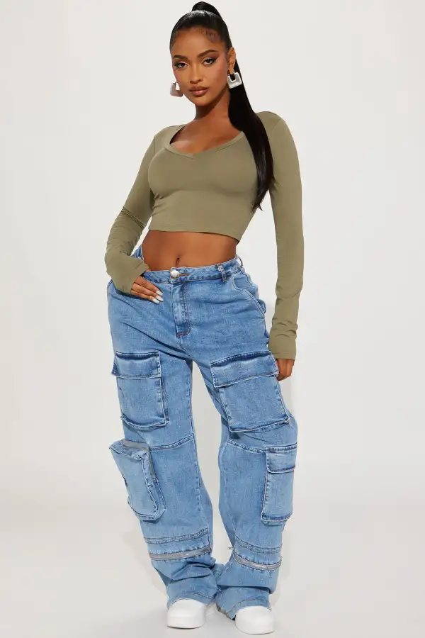 Carly V Neck Crop Long Sleeve Tee - Olive