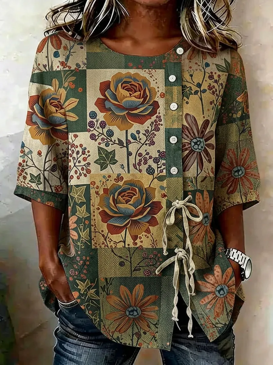 Women's Nashville Floral Patchwork Printed Button-up Top