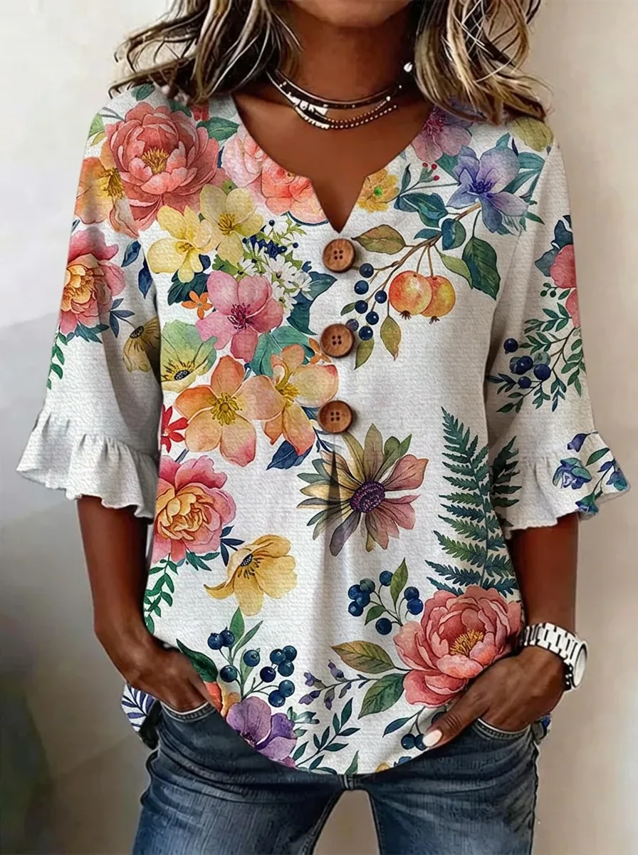 Women's Nashville Floral Botanical Printed V-Neck Button Top