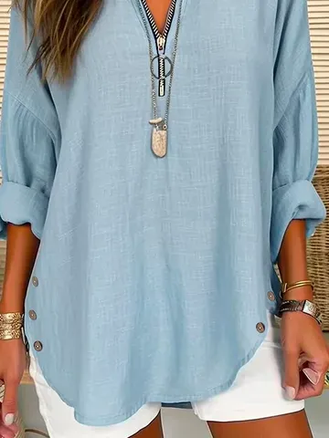V Neck Long Sleeve Plain Zipper Regular Loose Shirt For Women