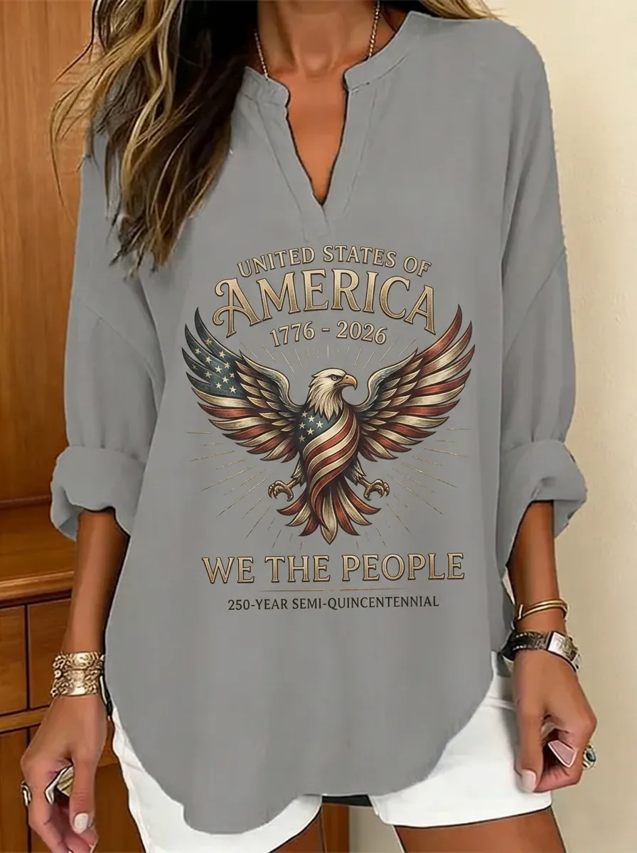 Women's USA Patriotic Eagle 1776-2026 Printed V-Neck Top