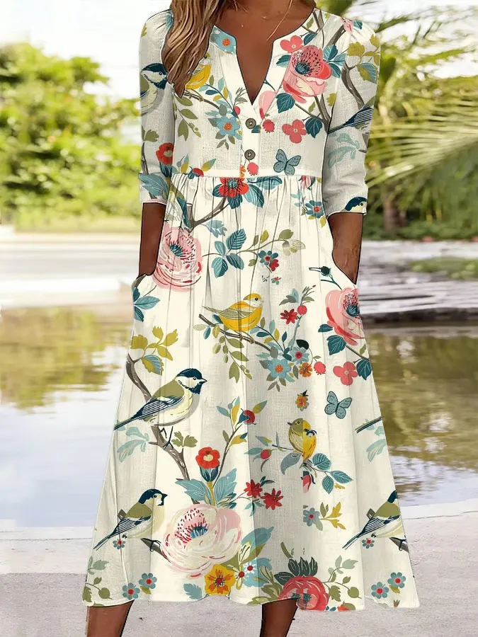 Women's Casual Retro Bird Print V-Neck Dress