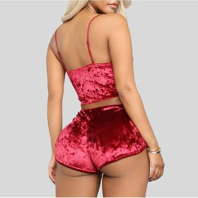 Women's Pajamas Sets Nighty 1 set Pure Color Simple Hot Retro Xmas Home Party Christmas Daily Spandex Gift Sleeveless Strap Top Shorts Basic Spring Summer Black Pink / Sexy