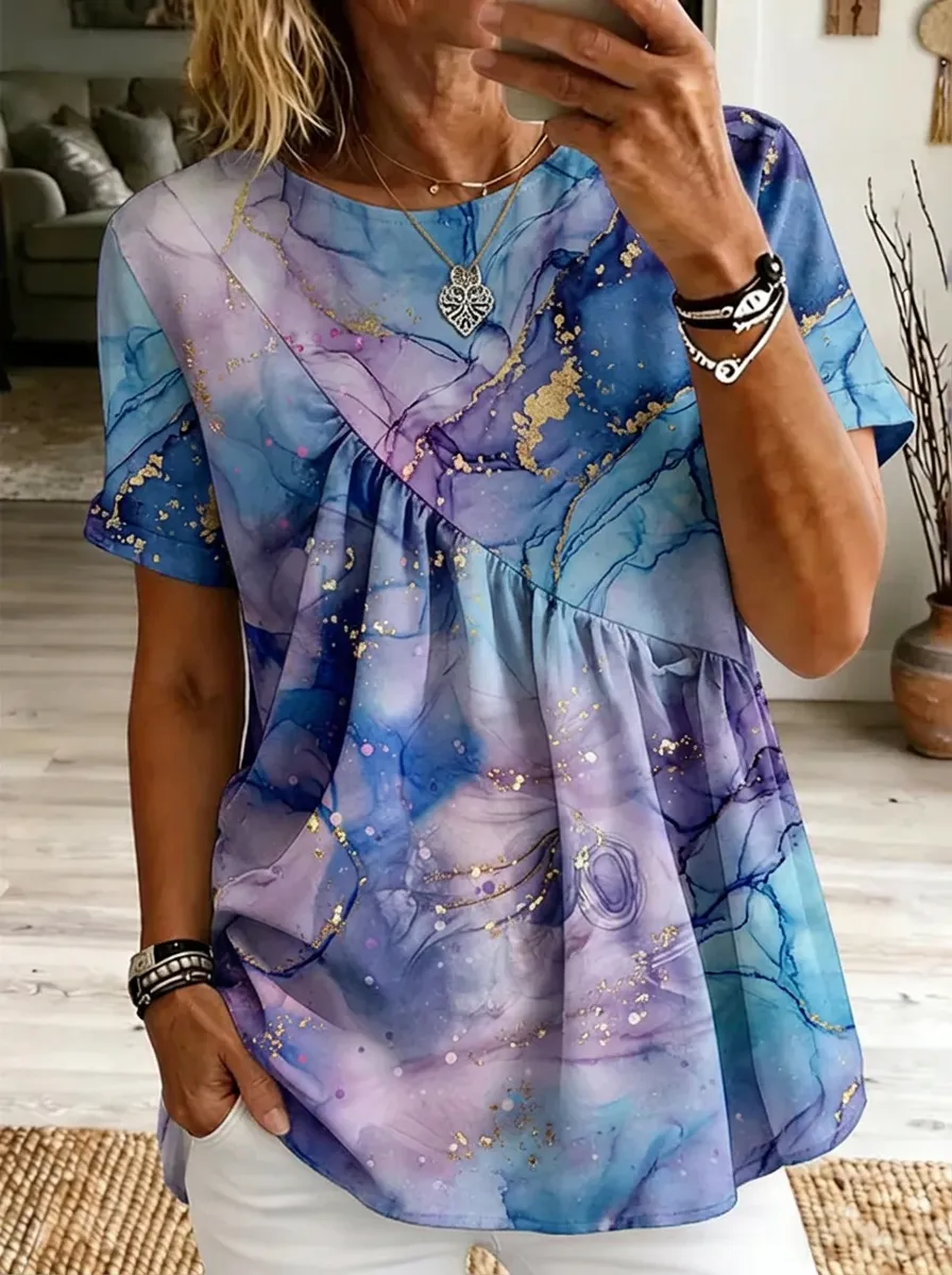 Women's Nashville Themed Blue Purple Marble Gold Foil Printed T-shirt