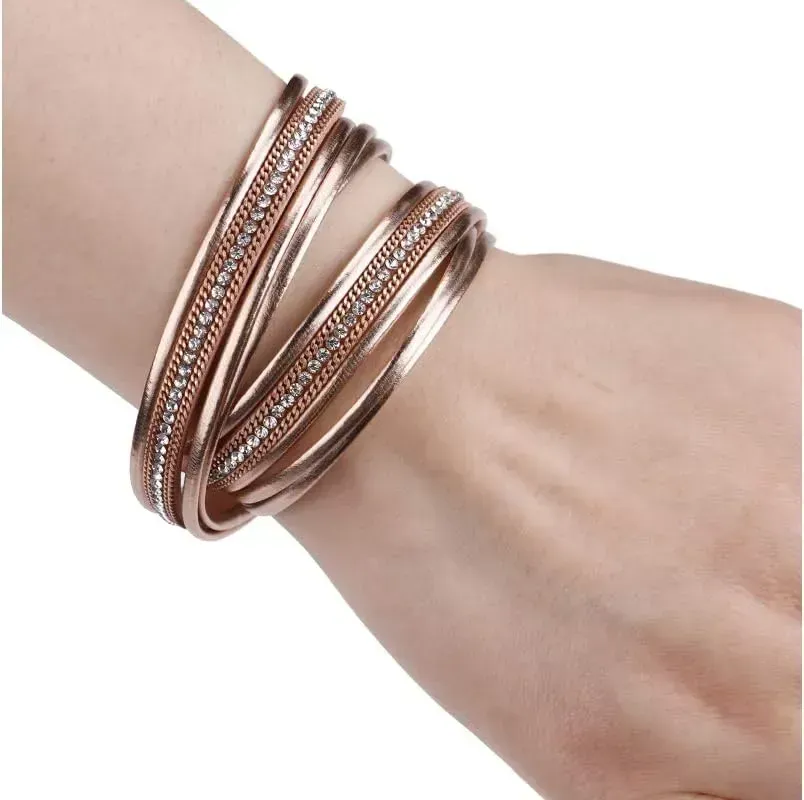 Fesciory Leather Wrap Bracelets for Women, Boho Leopard Multi-Layer Crystal Beads Cuff Bracelet Jewelry