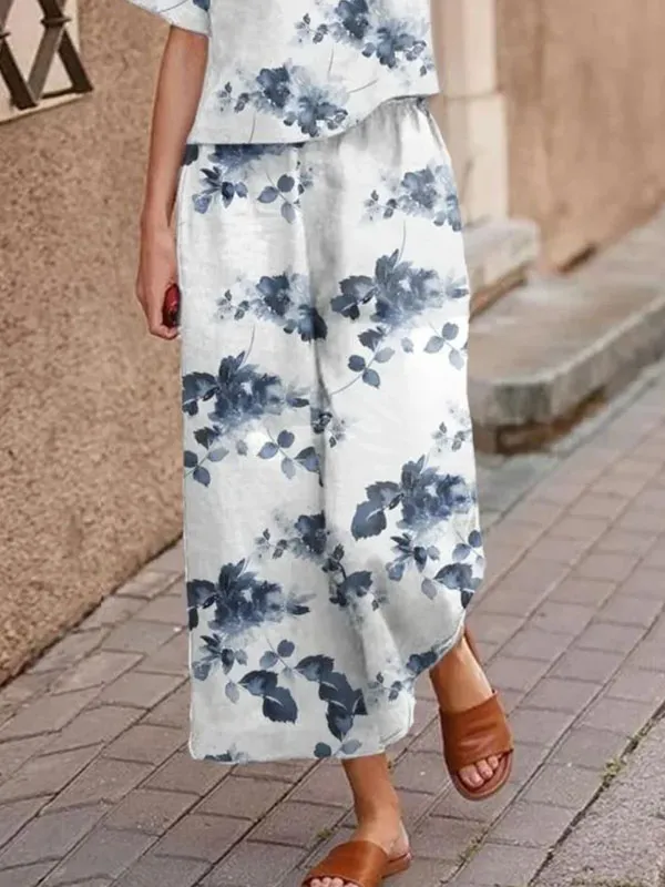 Printed temperament round neck short sleeve ladies cotton linen sets