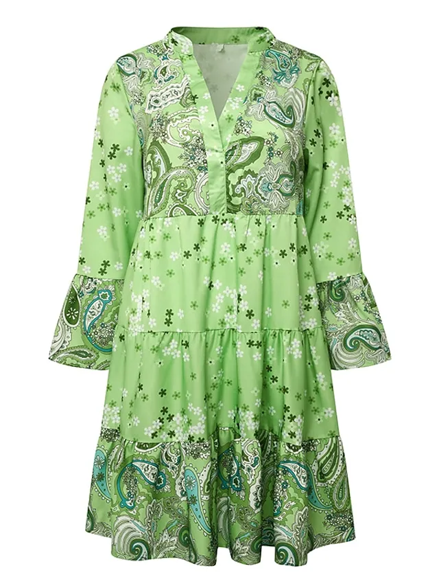 Women‘s Shift Dress Boho Dress Knee Length Dress Pink Long Sleeve Floral Ruffle Smocked Print Summer Spring V Neck Boho Casual Flare Cuff Sleeve 2023 4XL