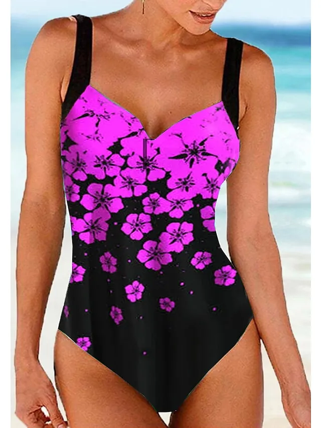 Women's Swimwear One Piece Monokini Bathing Suits Normal Swimsuit Floral Floral Print Navy Blue Blue Fuchsia Green Padded Strap Bathing Suits Sports Vacation Beach Wear