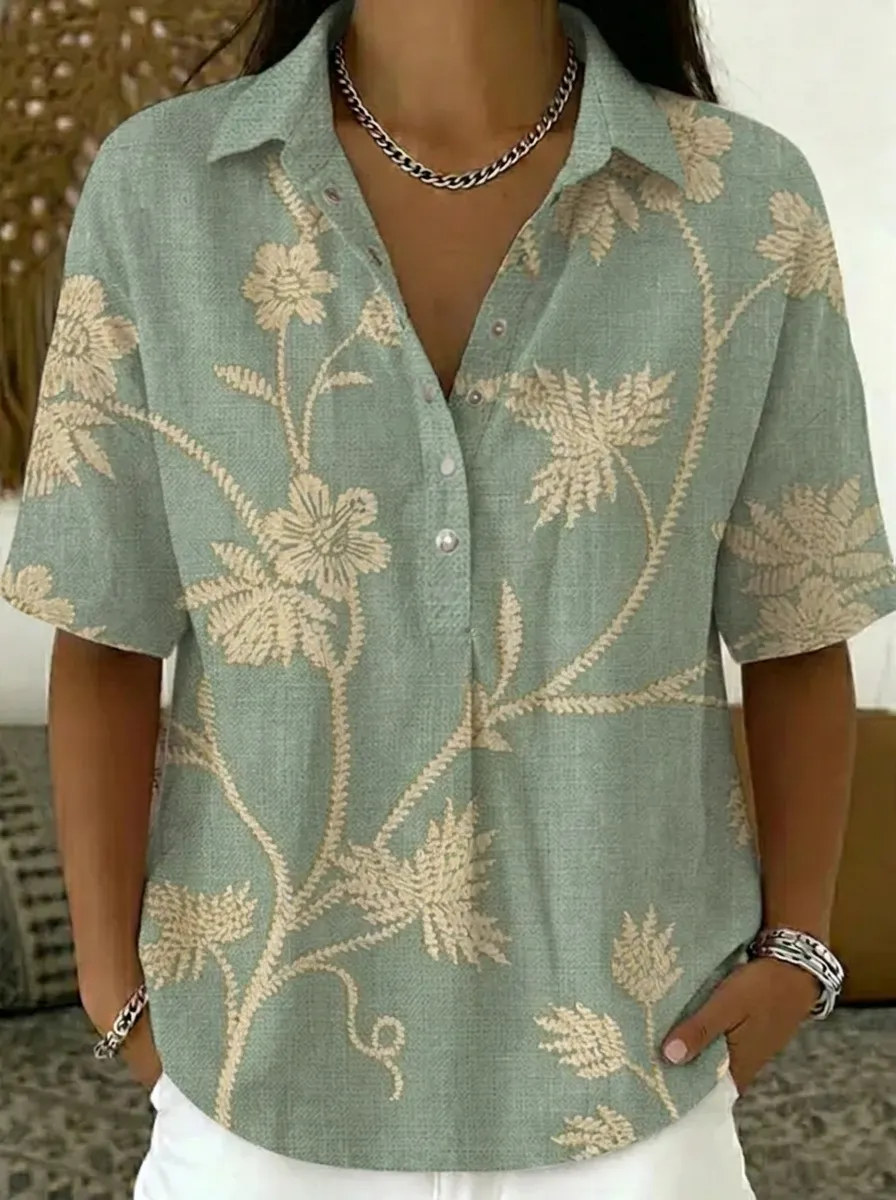Women's Nashville Floral Botanical Printed V-Neck Shirt
