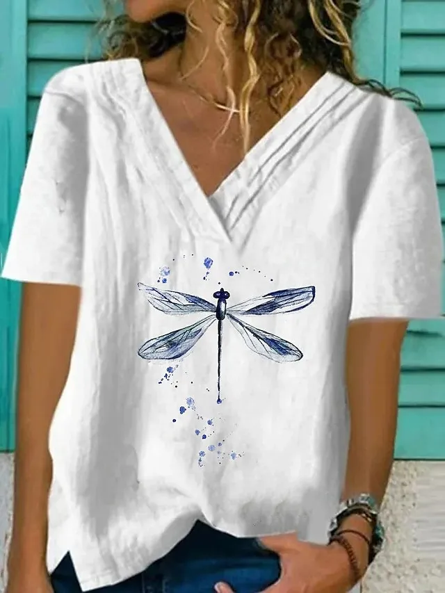 Women's T shirt Tee Yellow Red Blue Floral Print Short Sleeve Holiday Weekend Basic V Neck Regular Floral Painting S