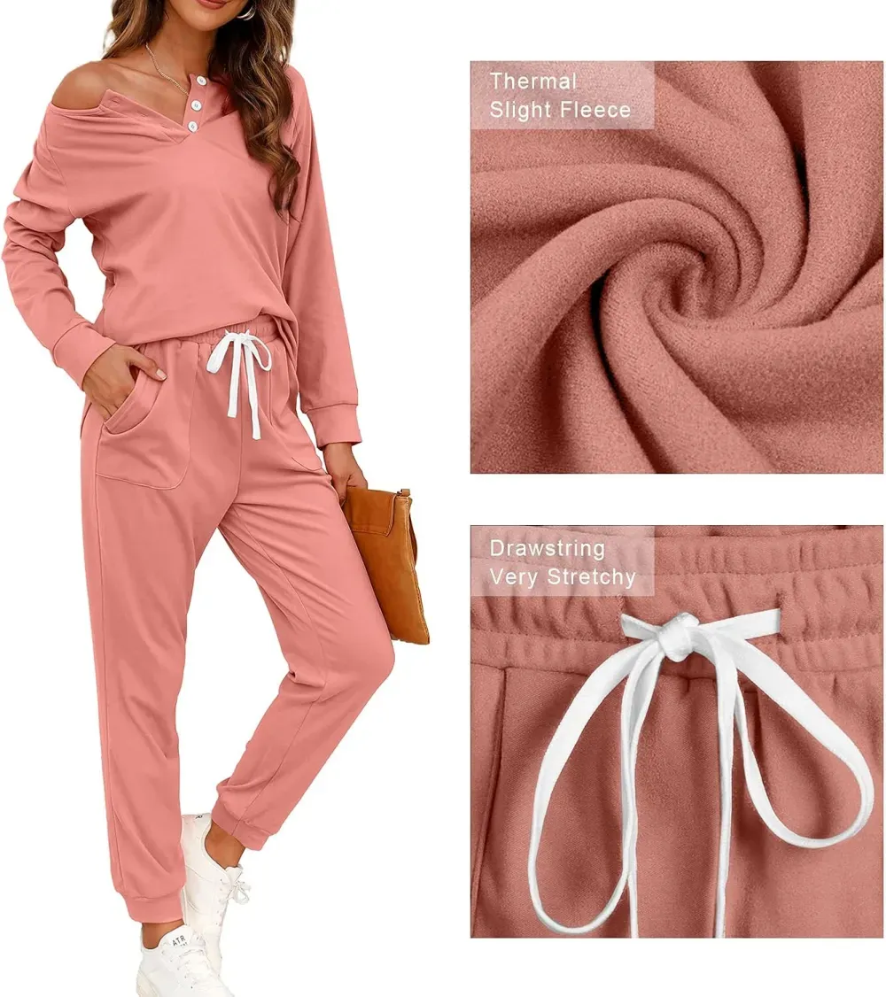 Two Piece Outfits for Women Lounge Sets Button Down Sweatshirt Sweatpants Sweatsuits Set with Pockets