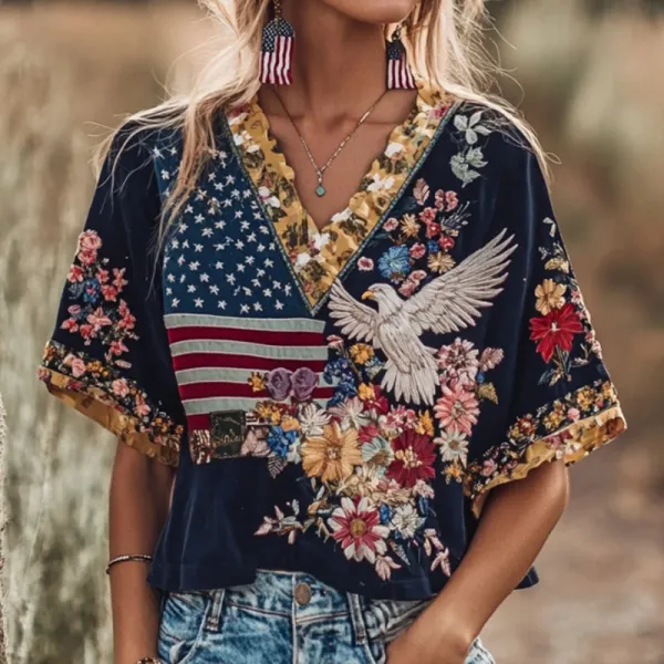 Women's Independence Day Floral And Eagle Embroidered Art Print T-shirt
