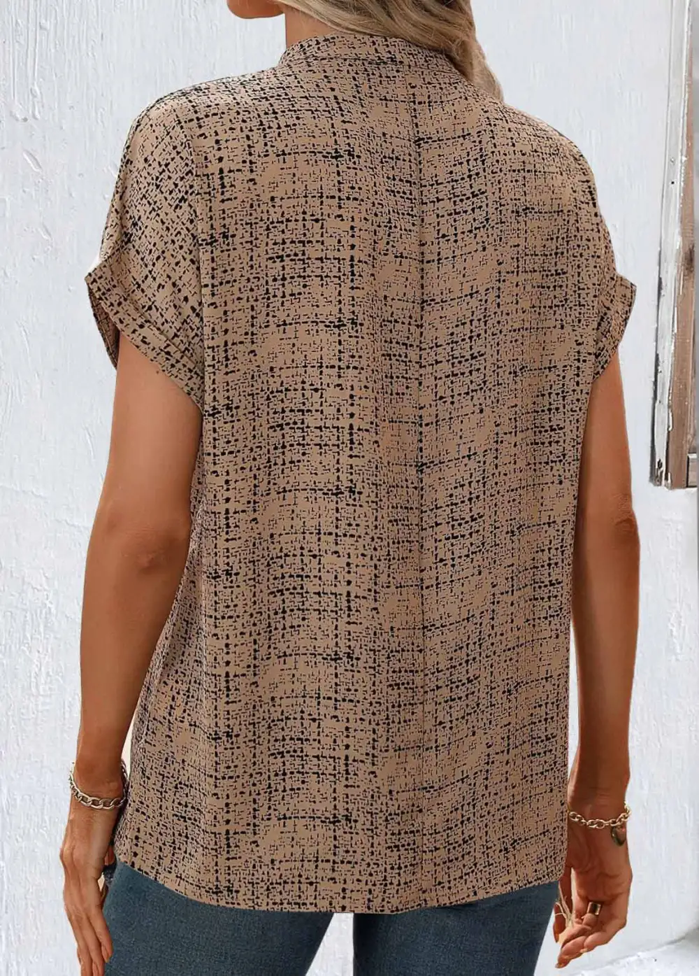 Sage Green Split Geometric Print Short Sleeve Blouse