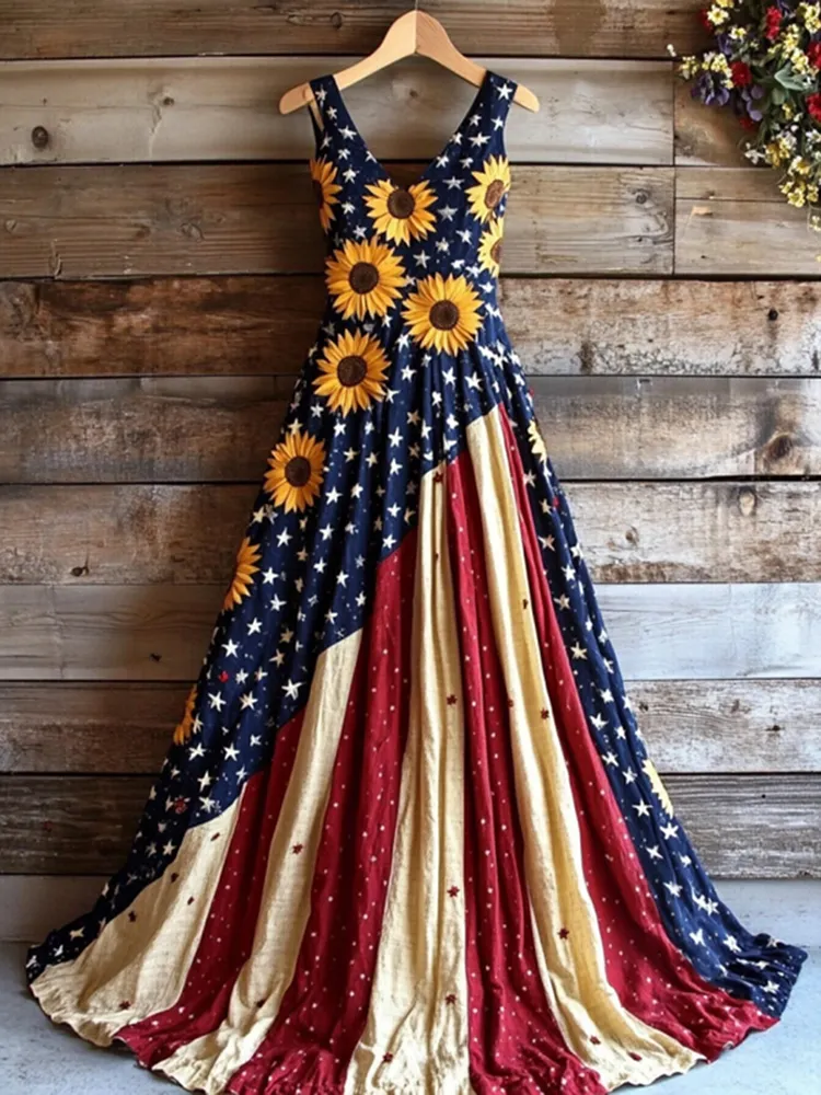 Women's Vintage Independence Day Sunflower Art Linen Midi Dress
