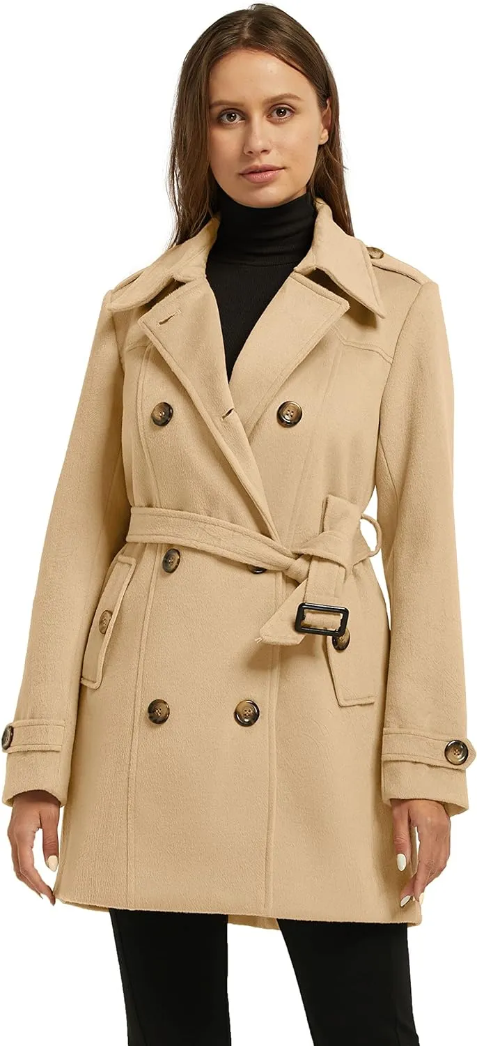 Women's Double Breasted Pea Coat Winter Mid-Long Trench Coat with Belt