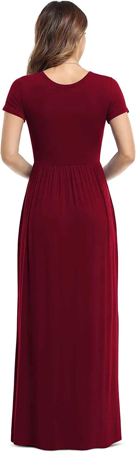 Women's Short Sleeve Loose Plain Maxi Dresses Casual Long Dresses with Pockets