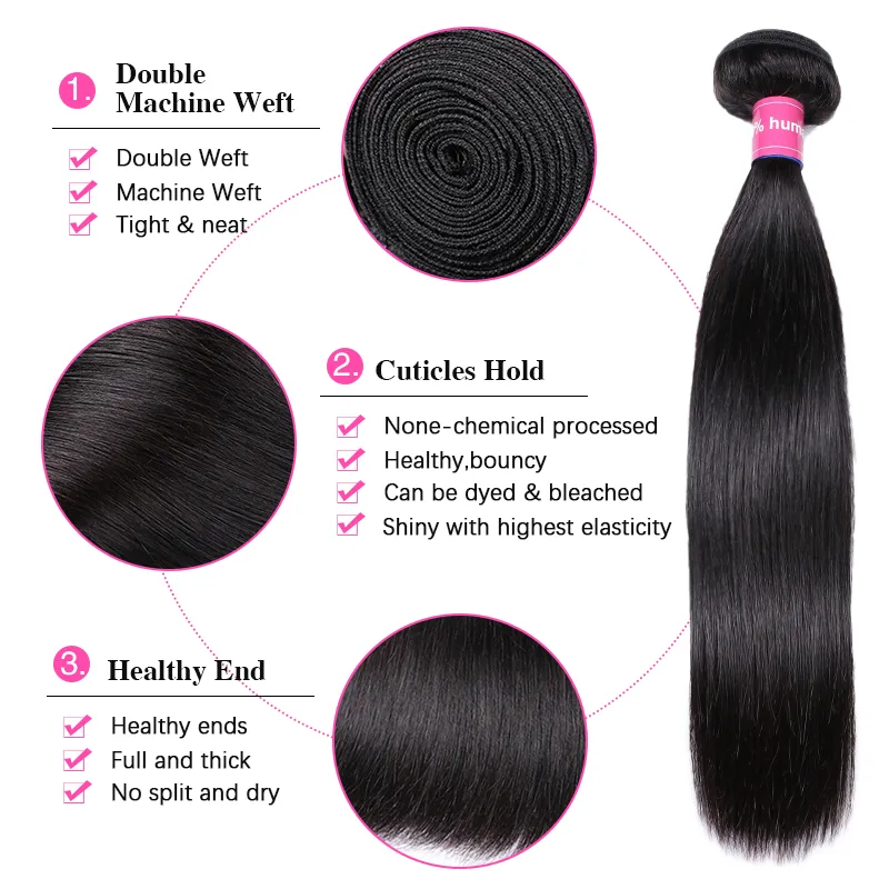 Sterly Raw Hair Straight Human Hair Weave 3 Bundles With 4×4 Lace Closure