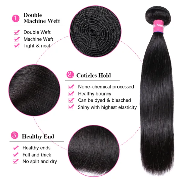 Sterly Raw Hair Straight Human Hair Weave 3 Bundles With 4×4 Lace Closure