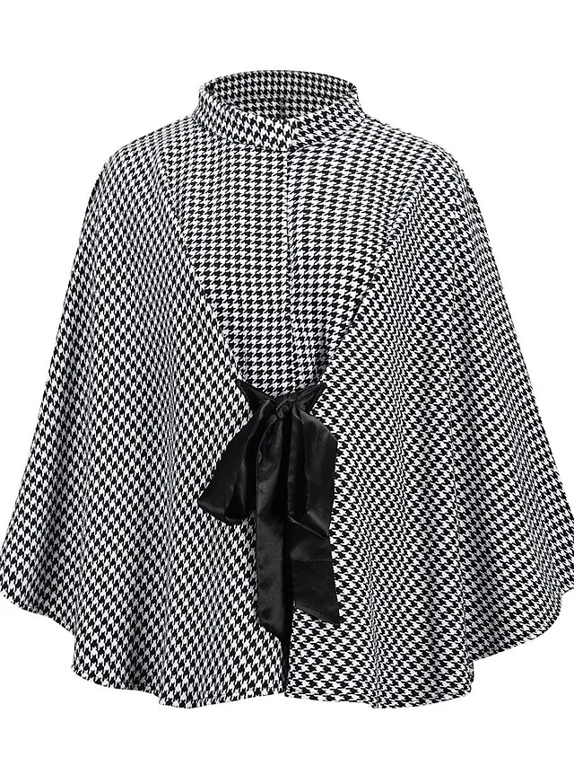 Women's Coat Cloak / Capes Winter Houndstooth Overcoat Fall Long Pea Coat with Belt Elegant Stand Collar Street Daily Wear Fashion Daily Casual Outerwear Long Sleeve Black