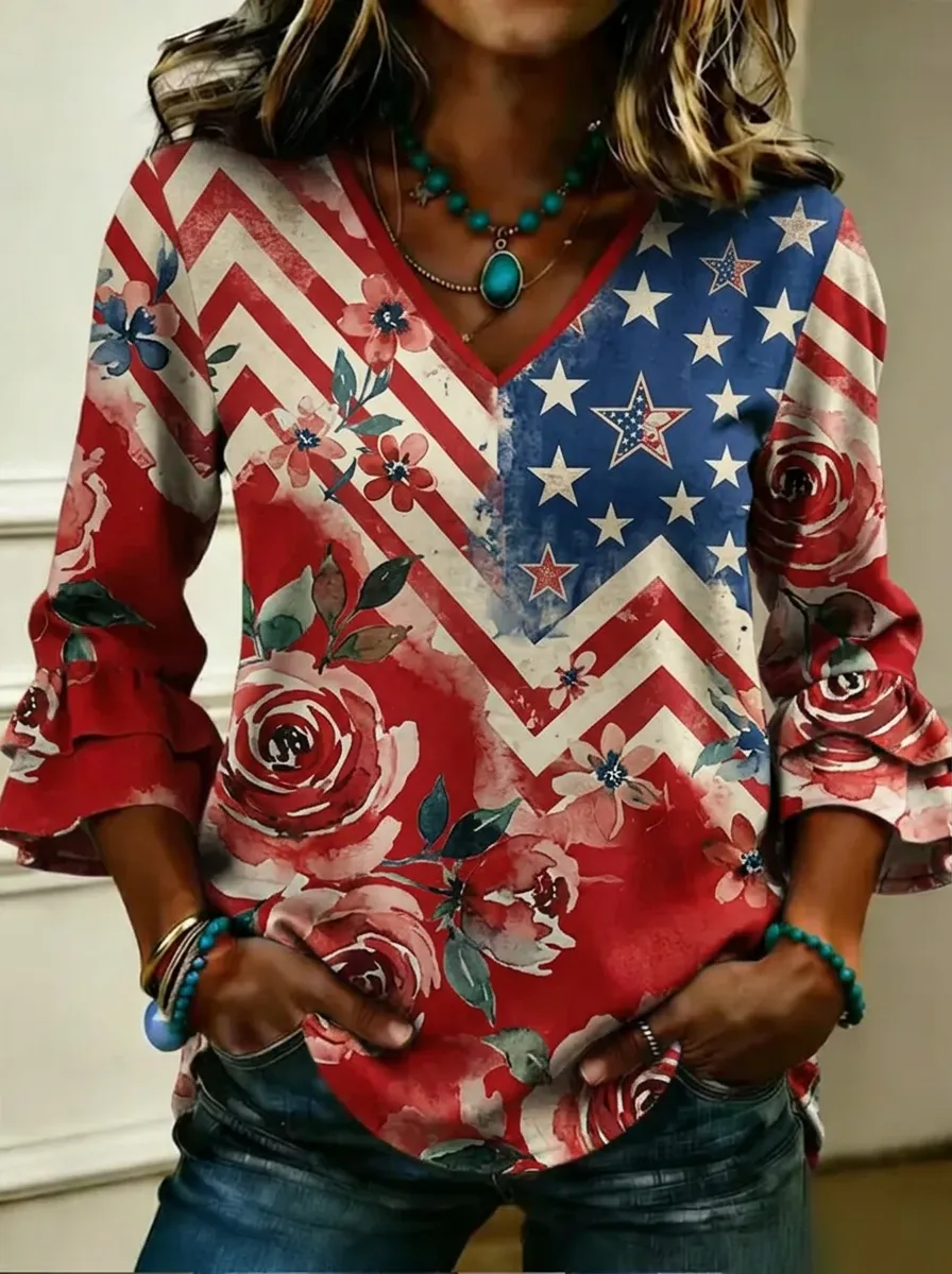 Women's Nashville Patriotic Floral Star Printed V-neck Top