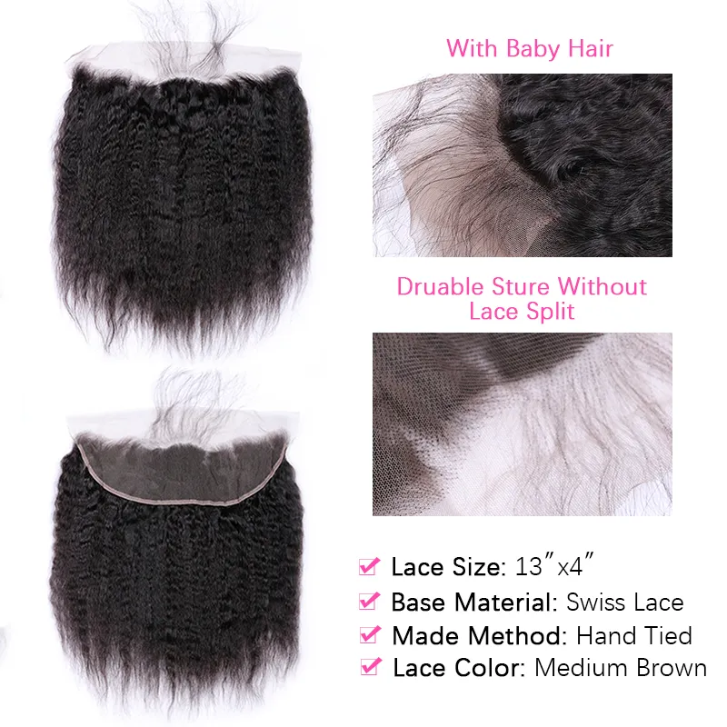 Sterly Kinky Straight Hair 3 Bundles with 13×4 Lace Frontal Human Hair Natural Color