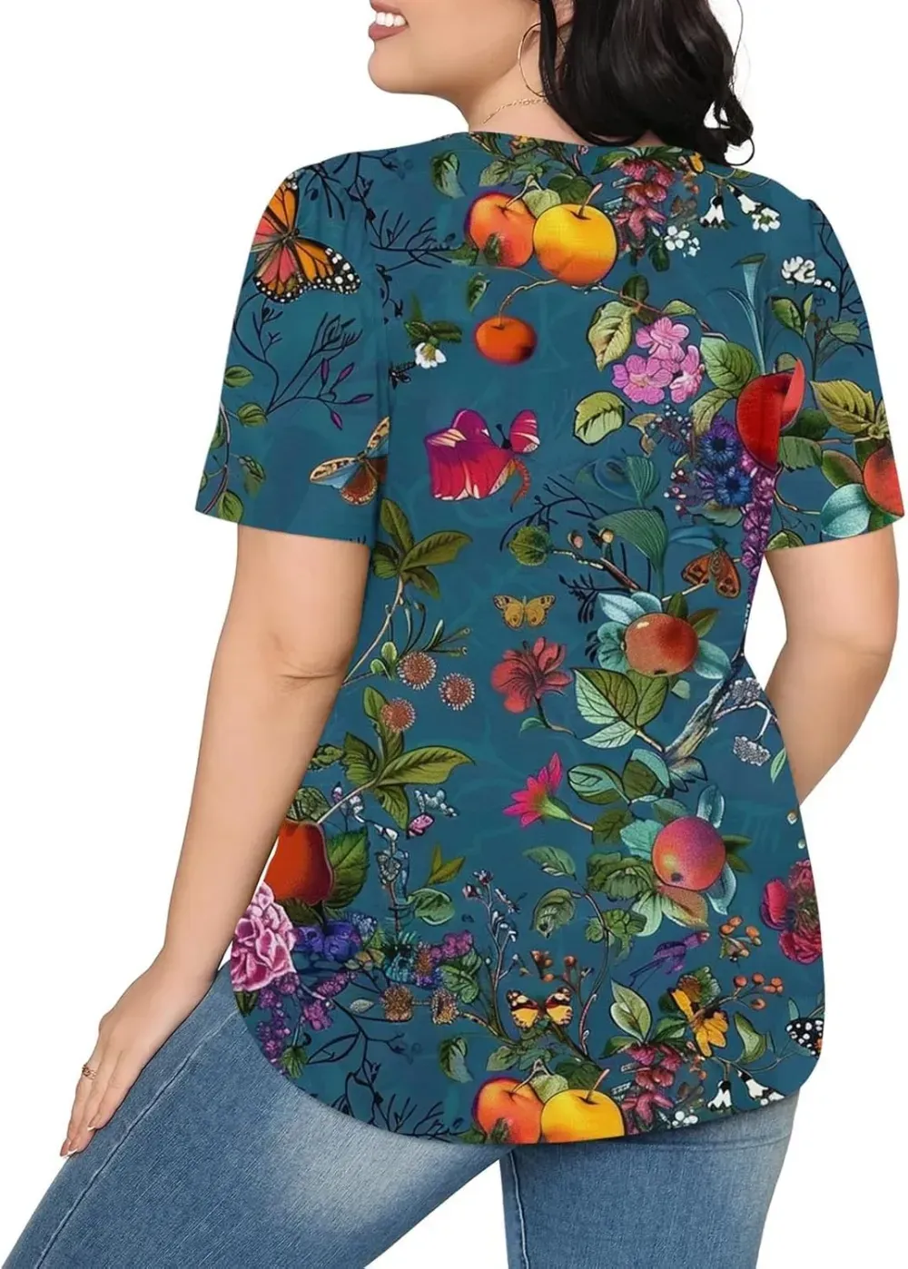 Womens Summer Pleated Front Shirts Tunics Casual Short Sleeved Loose Round Neck Boho Printed Tops Vacation Blouse