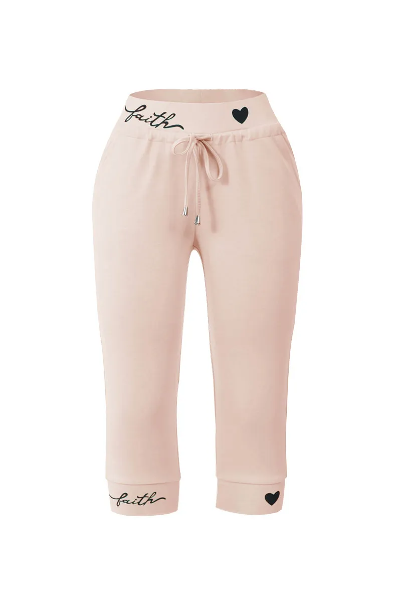 Letter & Heart Print Drawstring Capris Pants