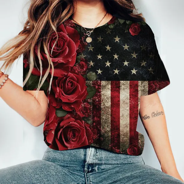 Women's Independence Day Retro Rose Print Casual T-shirt