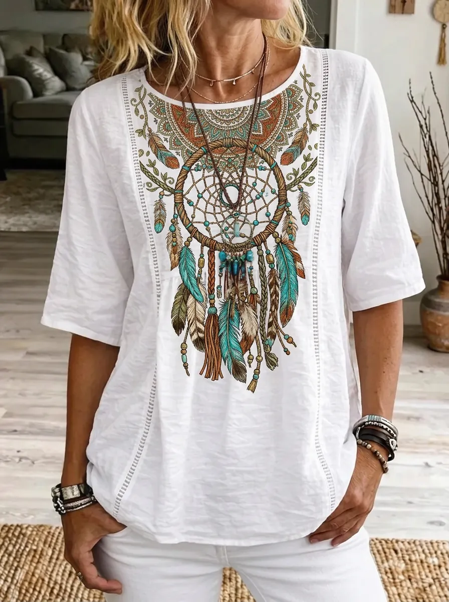Women's Nashville Boho Dreamcatcher Feather Printed T-shirt