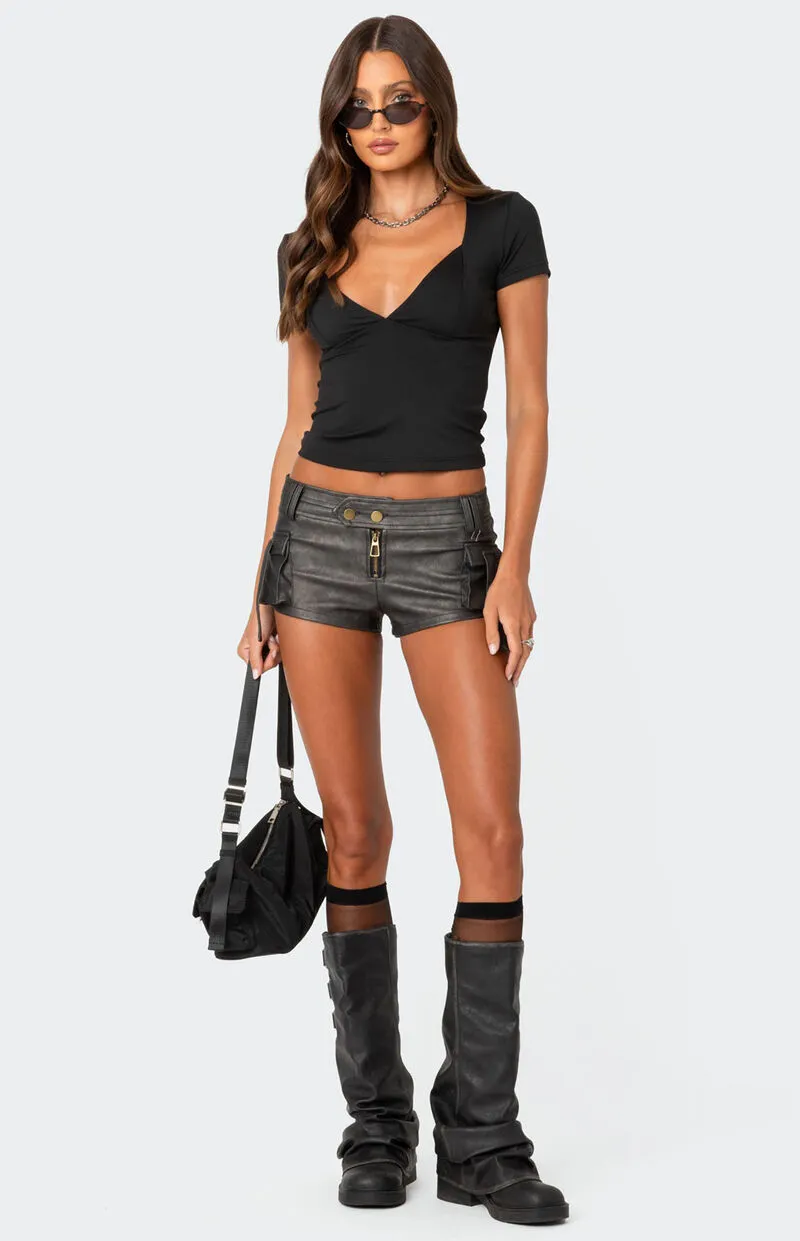 Edikted Washed Faux Leather Micro Cargo Shorts