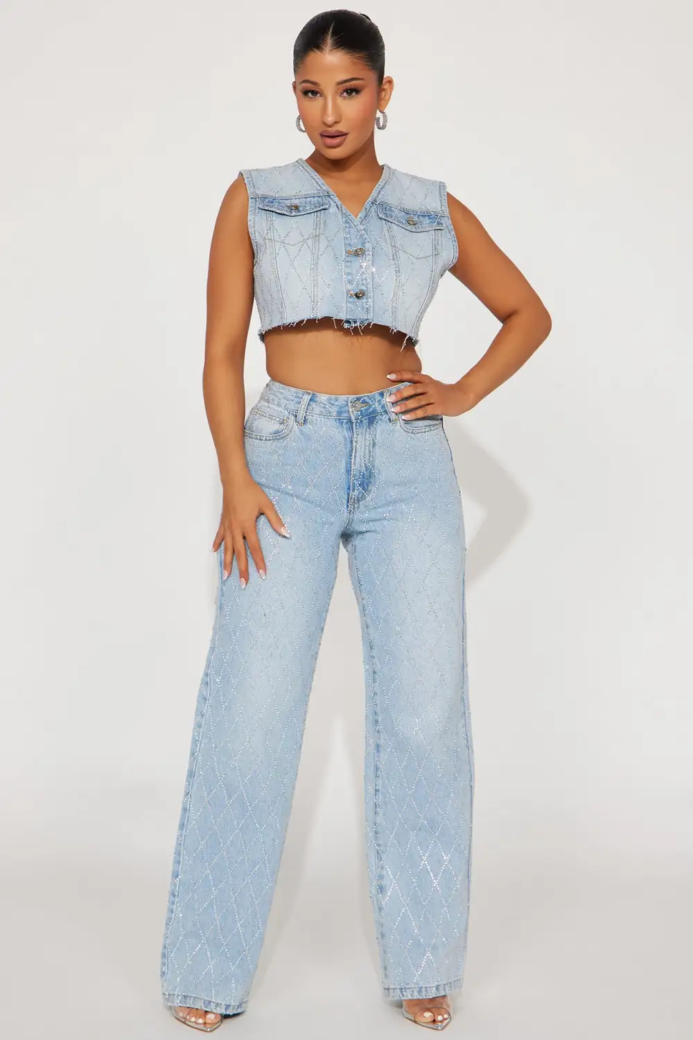 Shine Bright Denim Pant Set - Light Wash