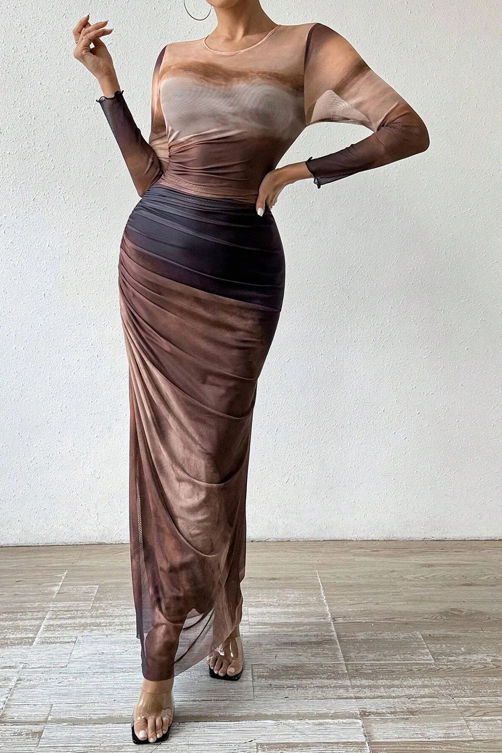 Women's Tie Dye Long Sleeve Pleated Dress Multicolor