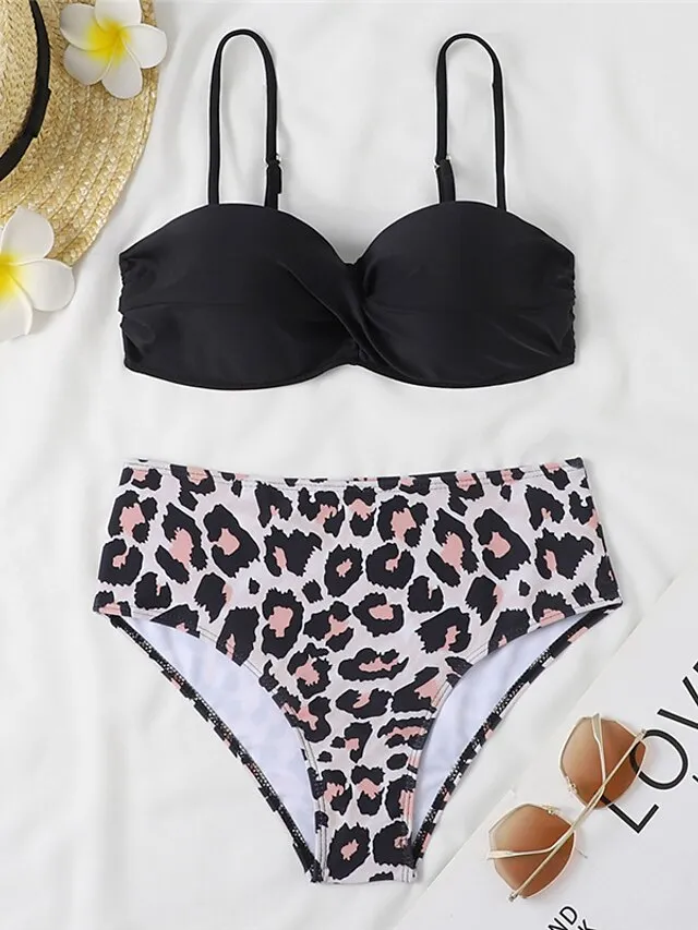 Women's Swimwear Bikini 2 Piece Normal Swimsuit 2 Piece Open Back Sexy Printing High Waisted Floral Leaves Black Yellow Navy Blue Royal Blue Blue Strap Bathing Suits Sexy Vacation Fashion