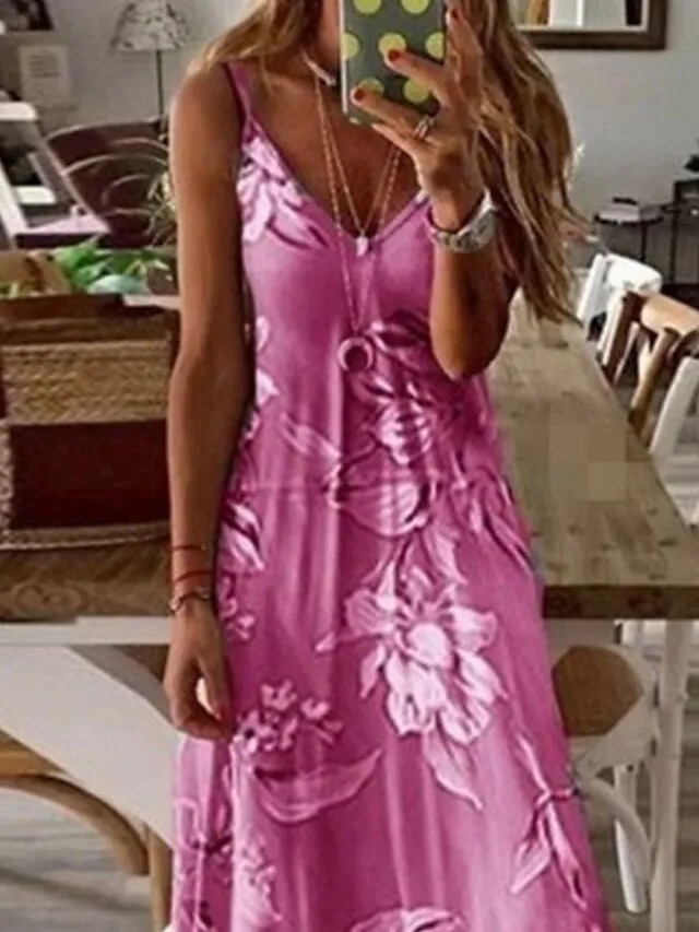 Women's Long Dress Maxi Dress A Line Dress Summer Dress Print Dress Floral Fashion Modern Daily Holiday Date Ruched Print Sleeveless V Neck Dress Regular Fit Pink Blue Purple Summer Spring S M L XL