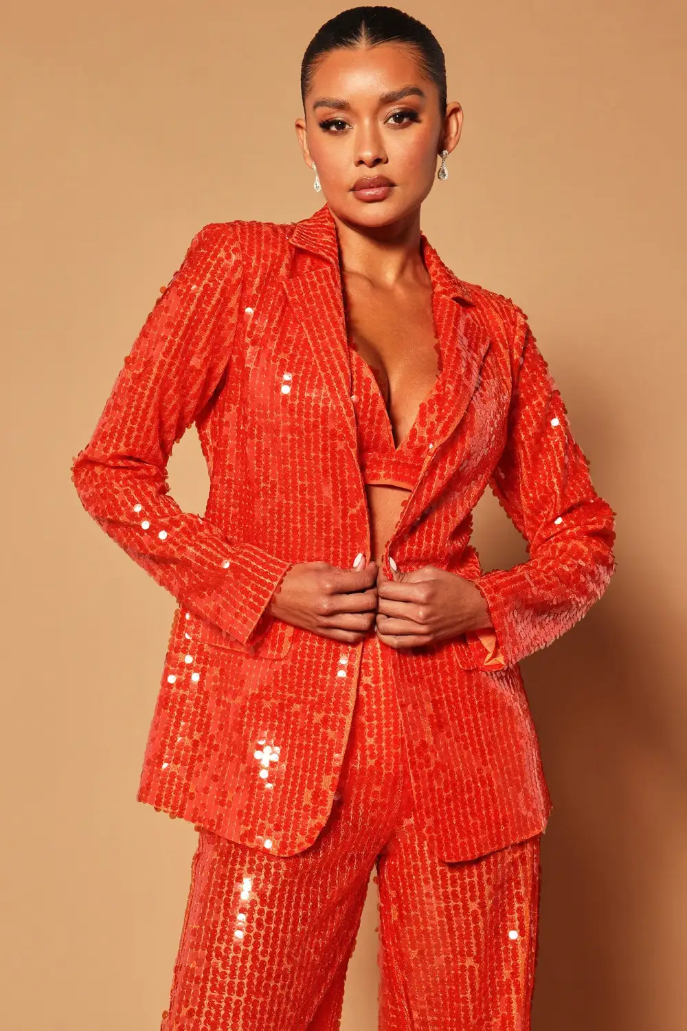 Trinity Sequin 3 Piece Pant Set - Orange