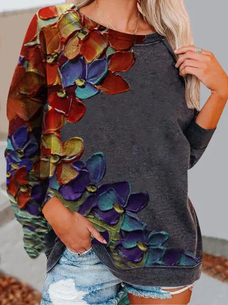 Crew Neck Floral Casual Sweatshirt