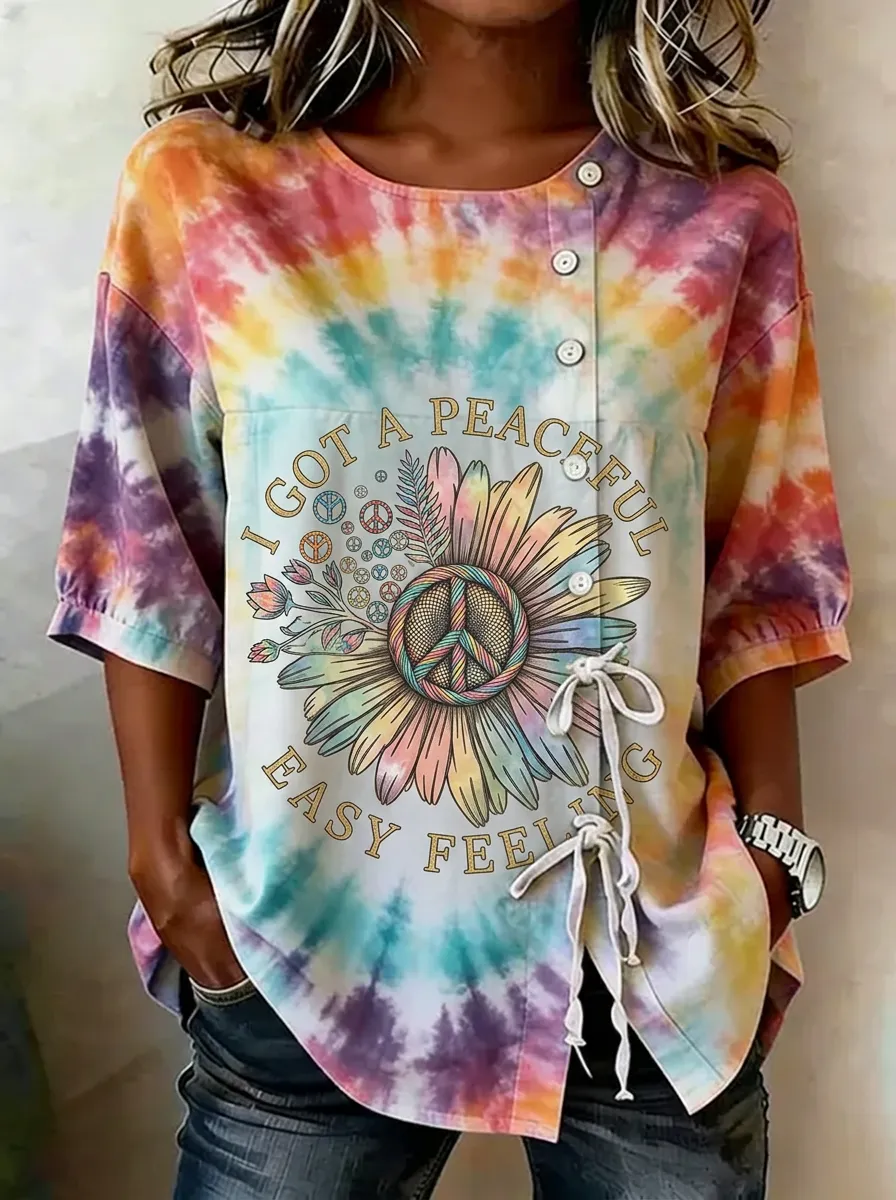 Women's Nashville Peace Sunflower Tie-Dye Printed Top