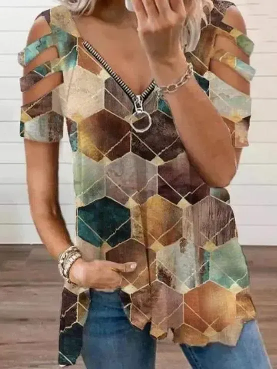 Women Short Sleeve V-neck Floral Printed Geometric Top