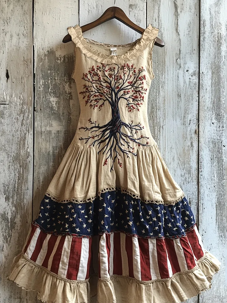 Women's Vintage Independence Day Flag Life Of Tree Art Linen Maxi Dress