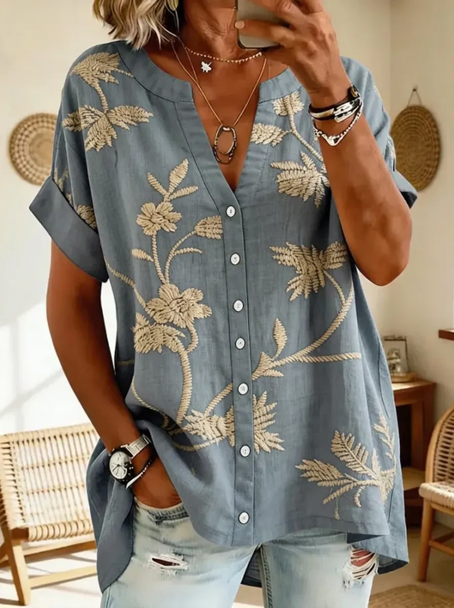 Women's Nashville Floral Embroidery Printed V-Neck Button Shirt